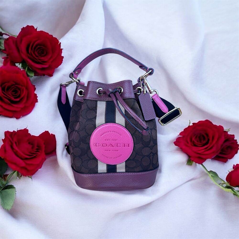 Coach Mini Signature Jacquard Brown Strawberry Haze Dempsey Bucket Crossbody Bag